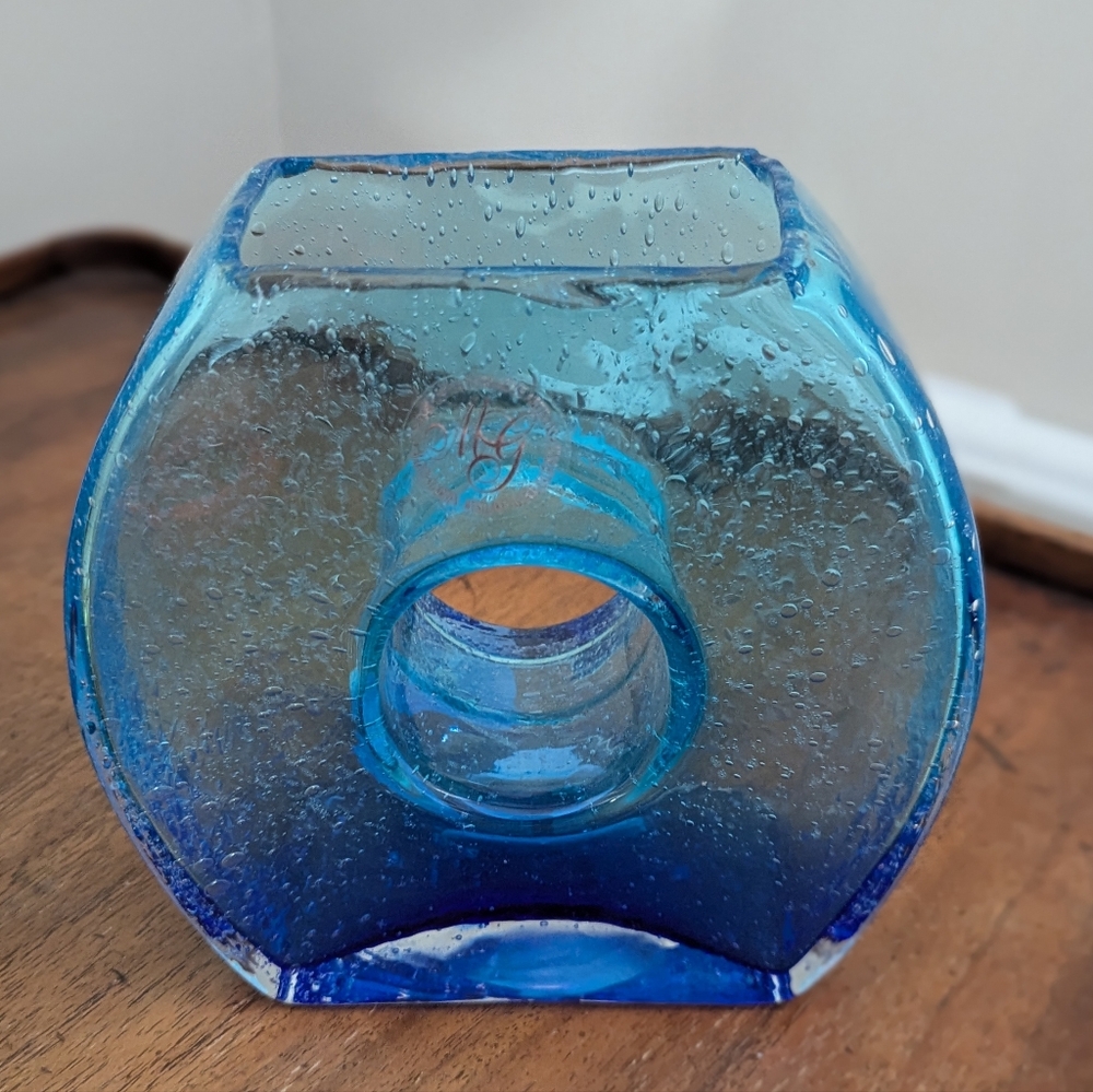 Hand Blown Art Glass Vase Blue Ombre Round Donut Hole Margie's Garden California